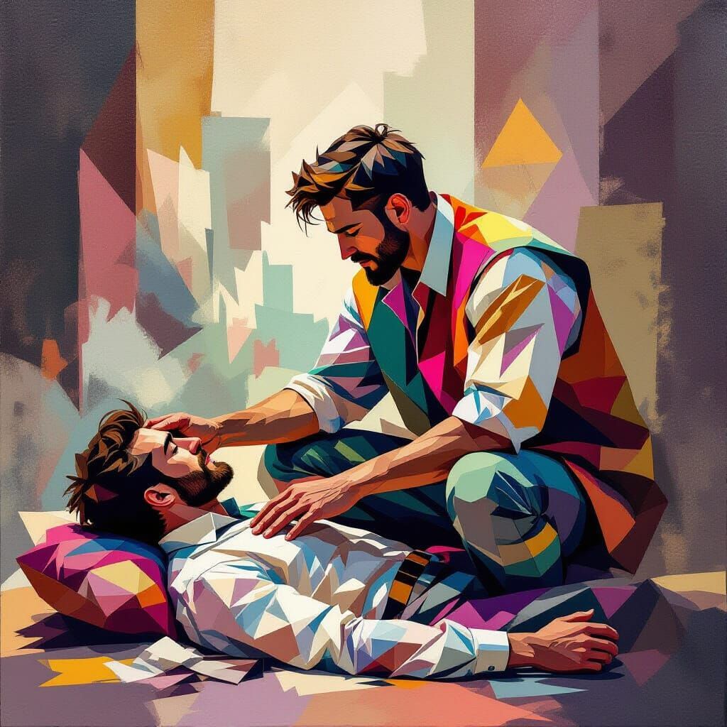 Neo-Cubist Samaritan Aids Injured Person in Geometric Style