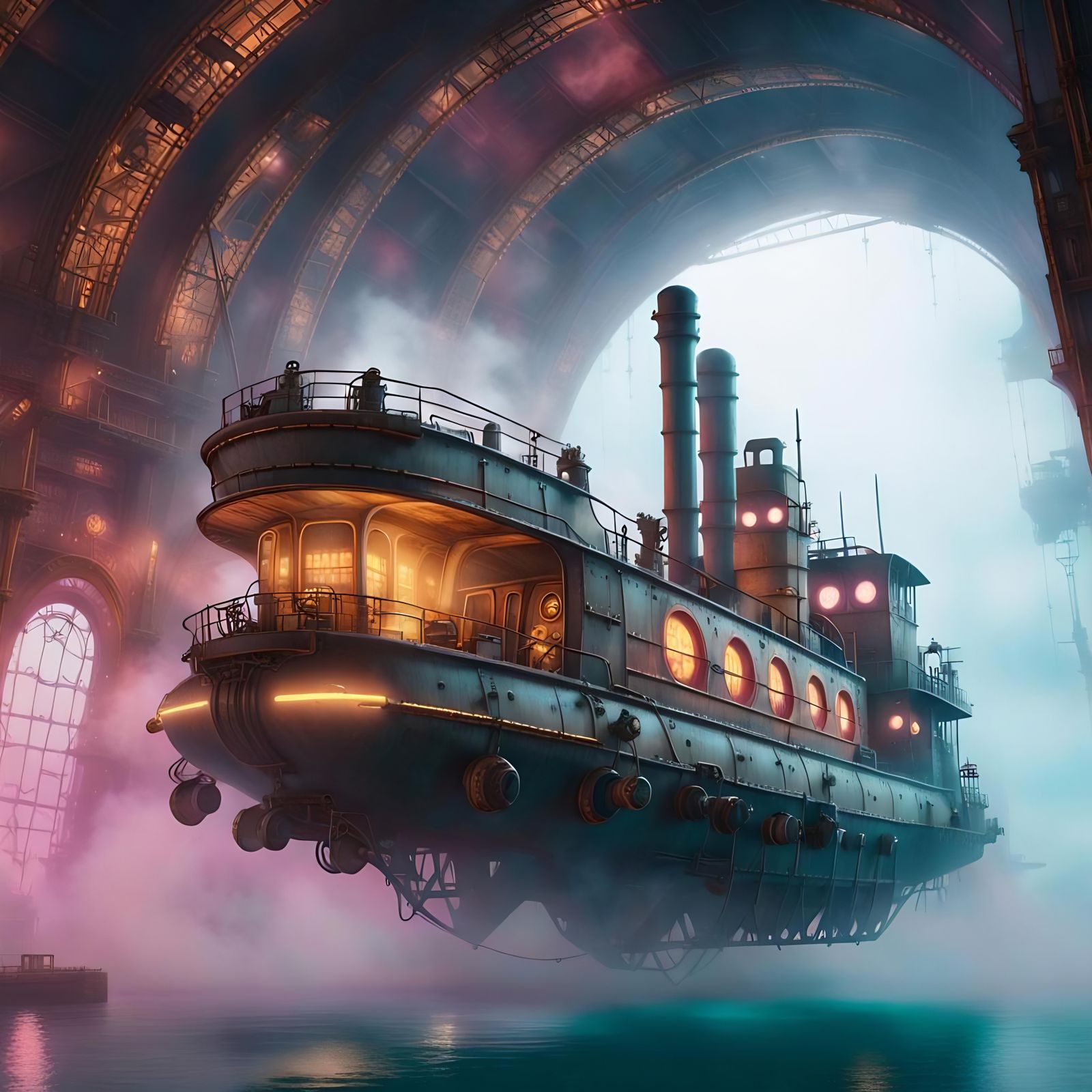 Steampunk Flying Tugboat Through Rusty Archways