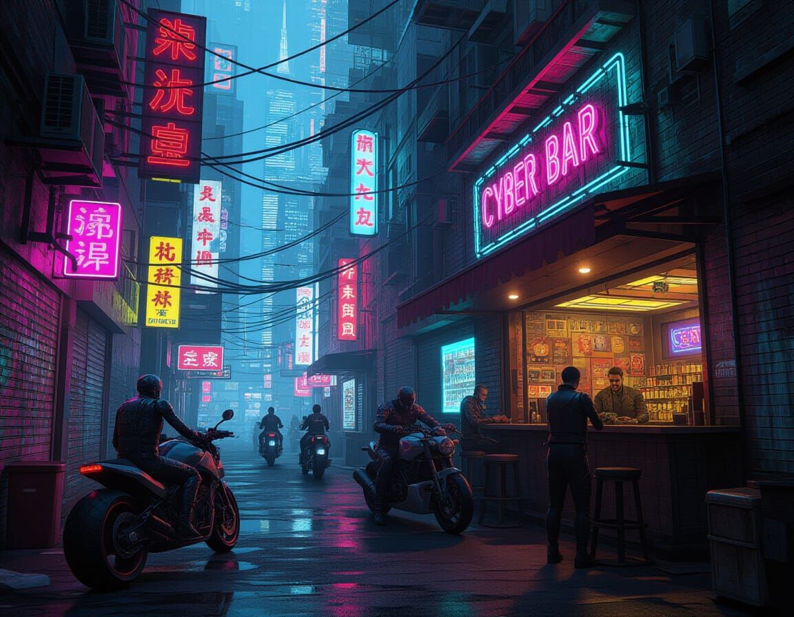 Cyberpunk City Alley with Neon Bar and Robot Patrons