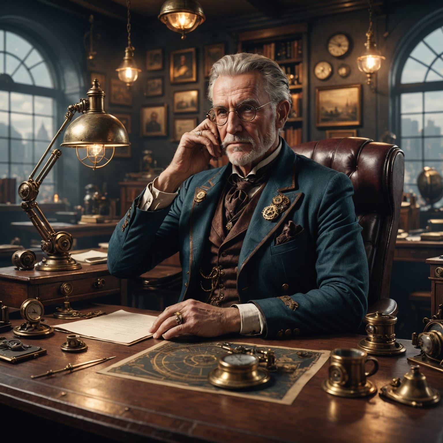 Steampunk Gentleman in a Modern Office, Lost in Thought