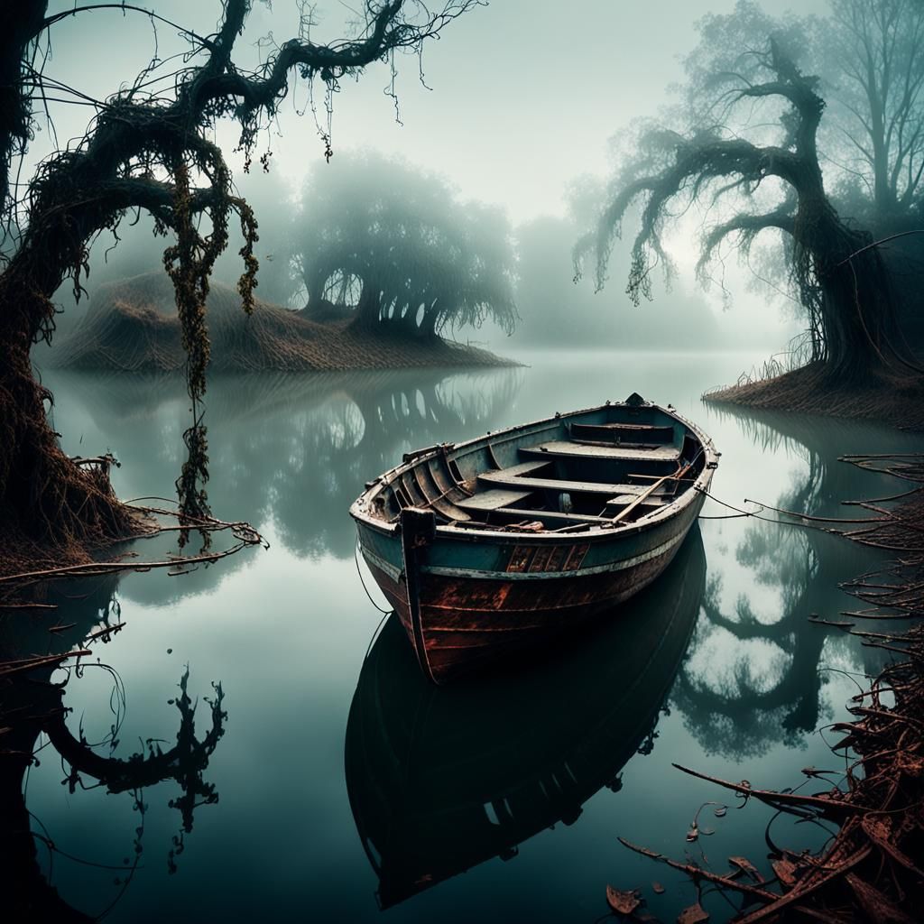 Eerie Derelict Boat in Misty Lake Landscape