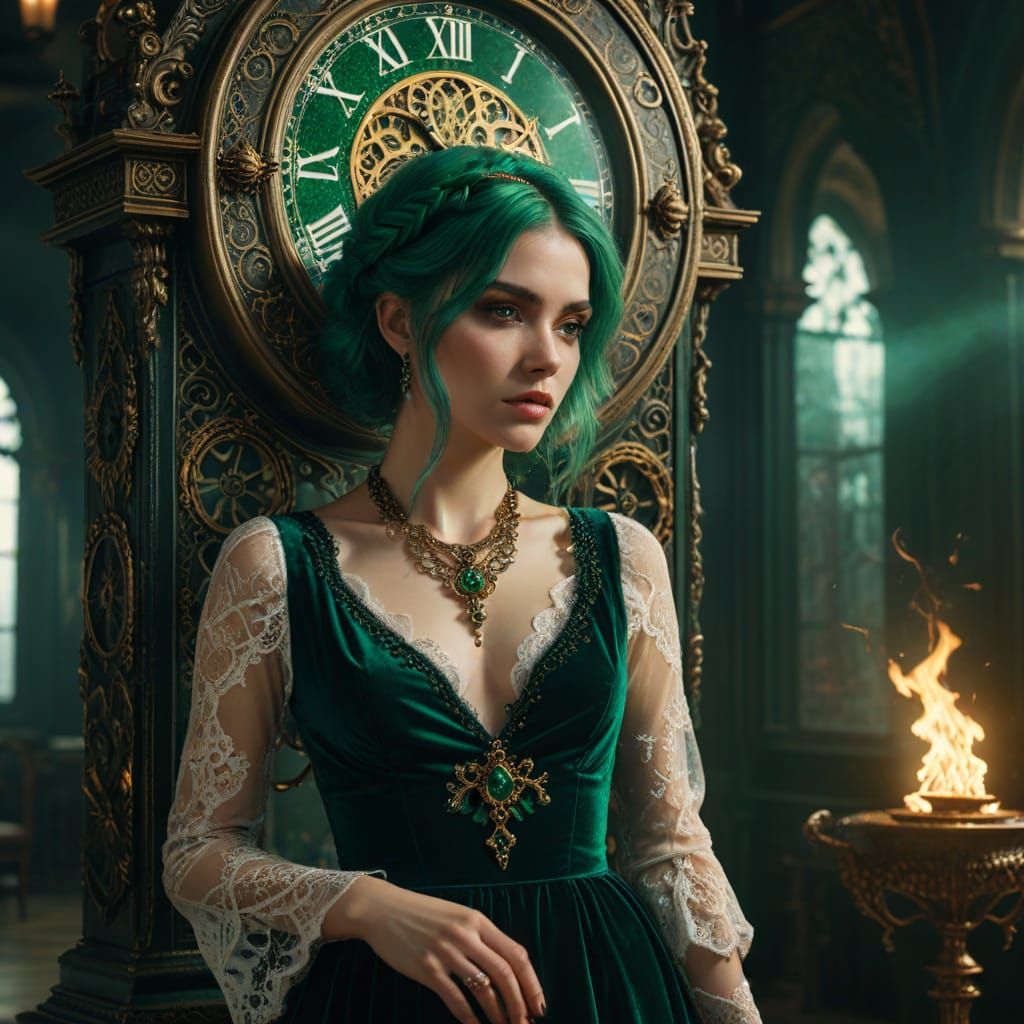 Gothic Goddess with Emerald Hair, Clockwork Majesty