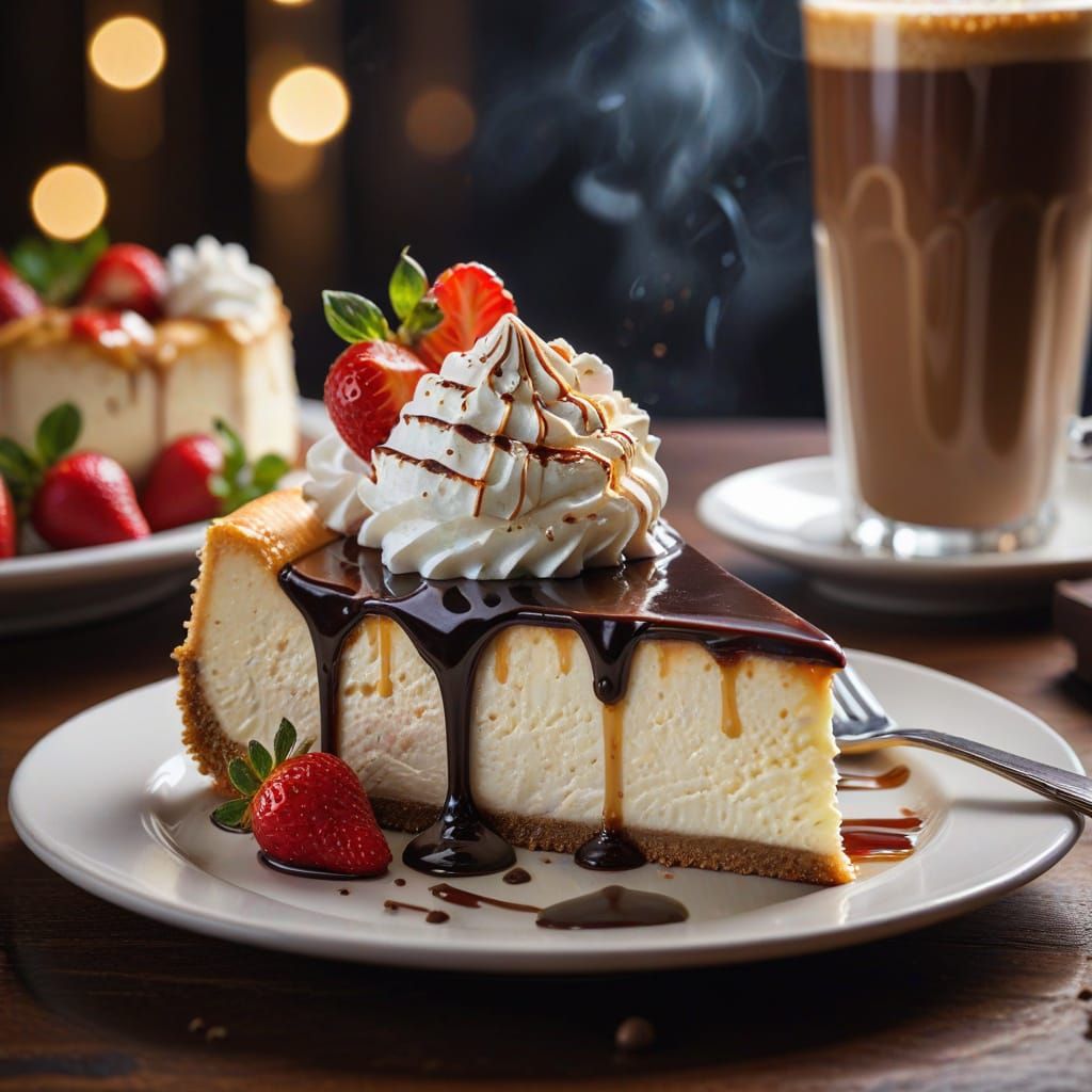 a slice of strawberry cheesecake with syrup dripping down, whipped cream on top