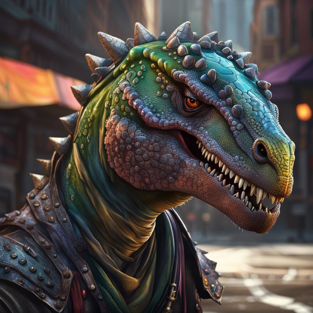 Armored Damascus Slime Dinosaur Portrait on Desolate Street
