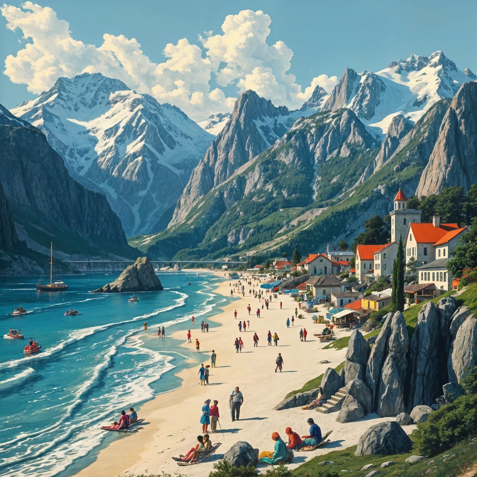 Beach and Ski Mountainscape in Classical Art Style