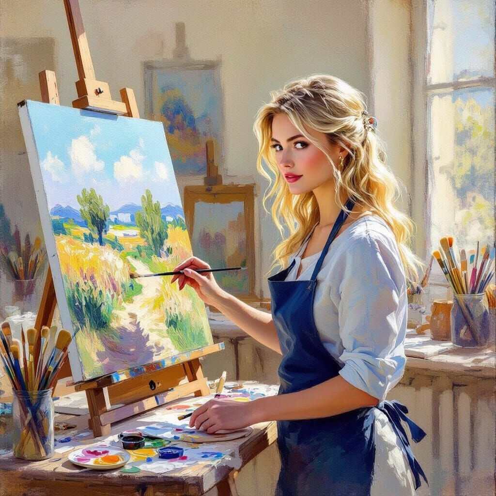 Blonde Artist Paints Landscape in Sunlit Studio
