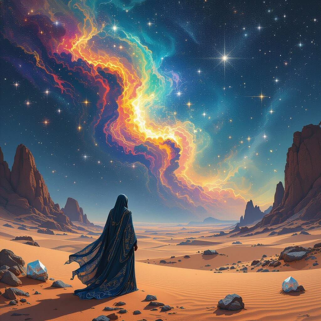 Cosmic Silhouette: Starlit Desert in Art Nouveau Style