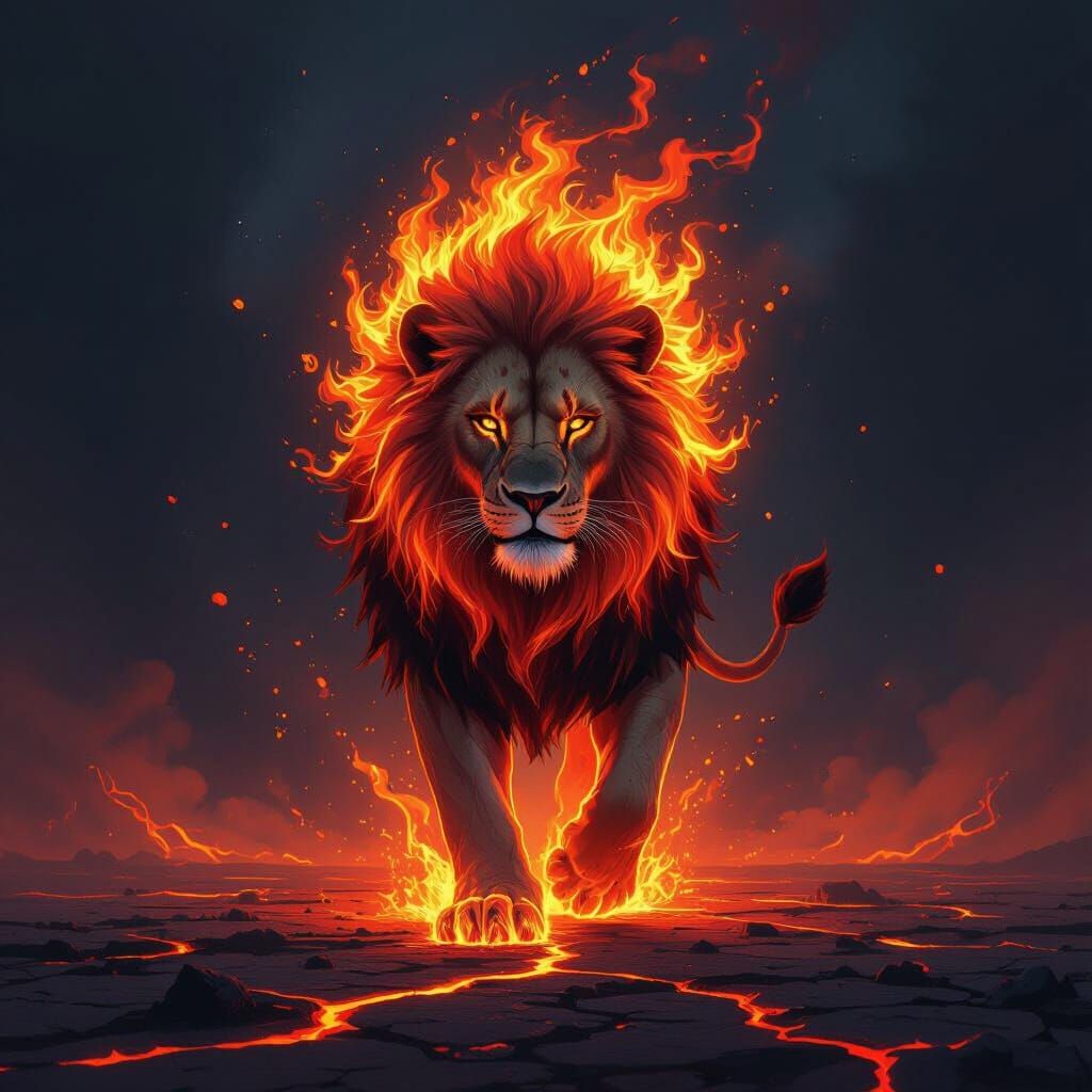 Fire Lion on Volcanic Landscape as Bold Digital Art