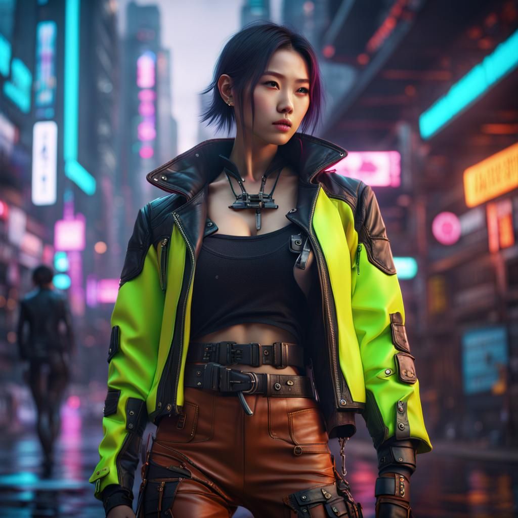 Cyberpunk Woman in Neon City: Digital Art