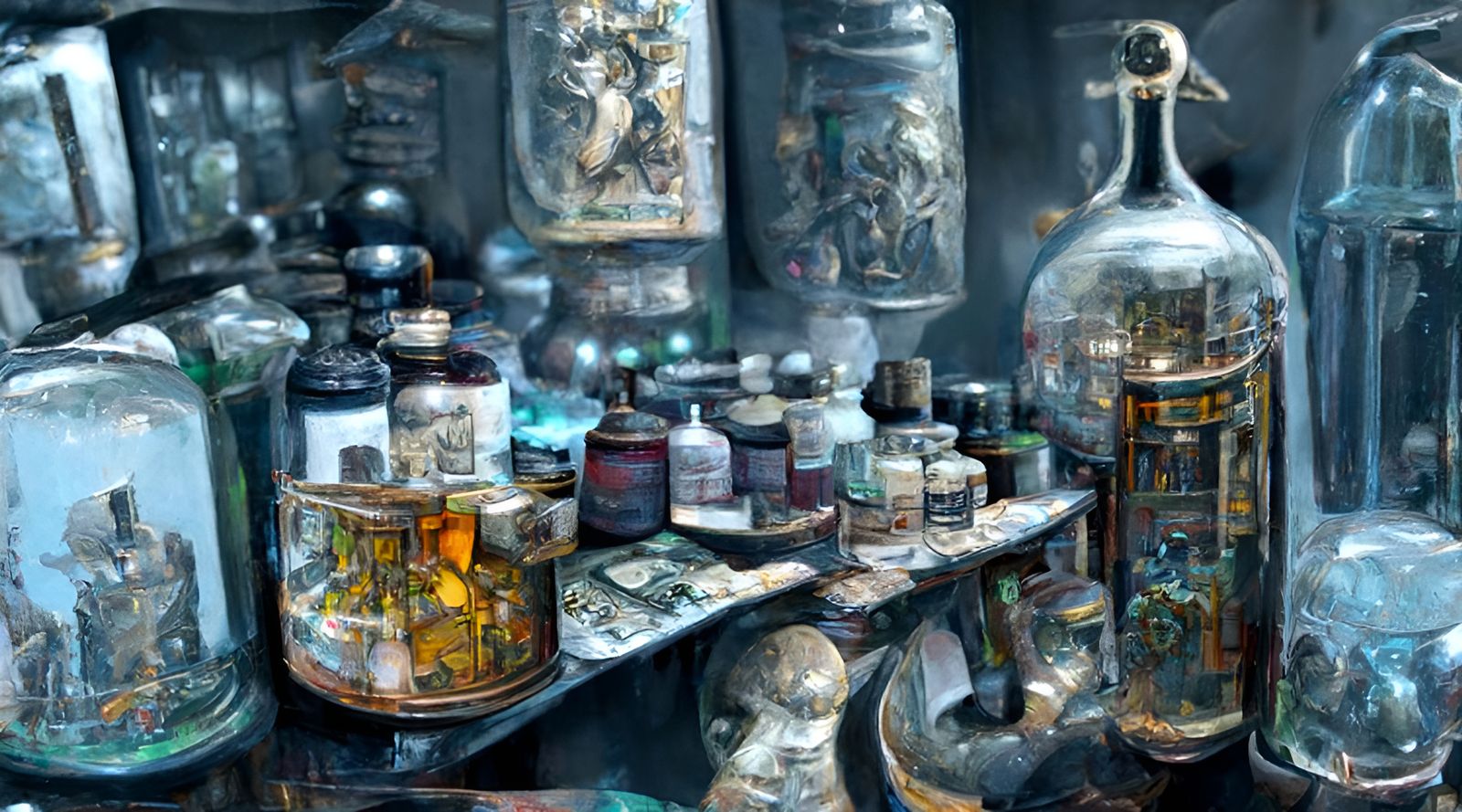 Surreal Dieselpunk Apothecary with Spilled Potions in Film N...