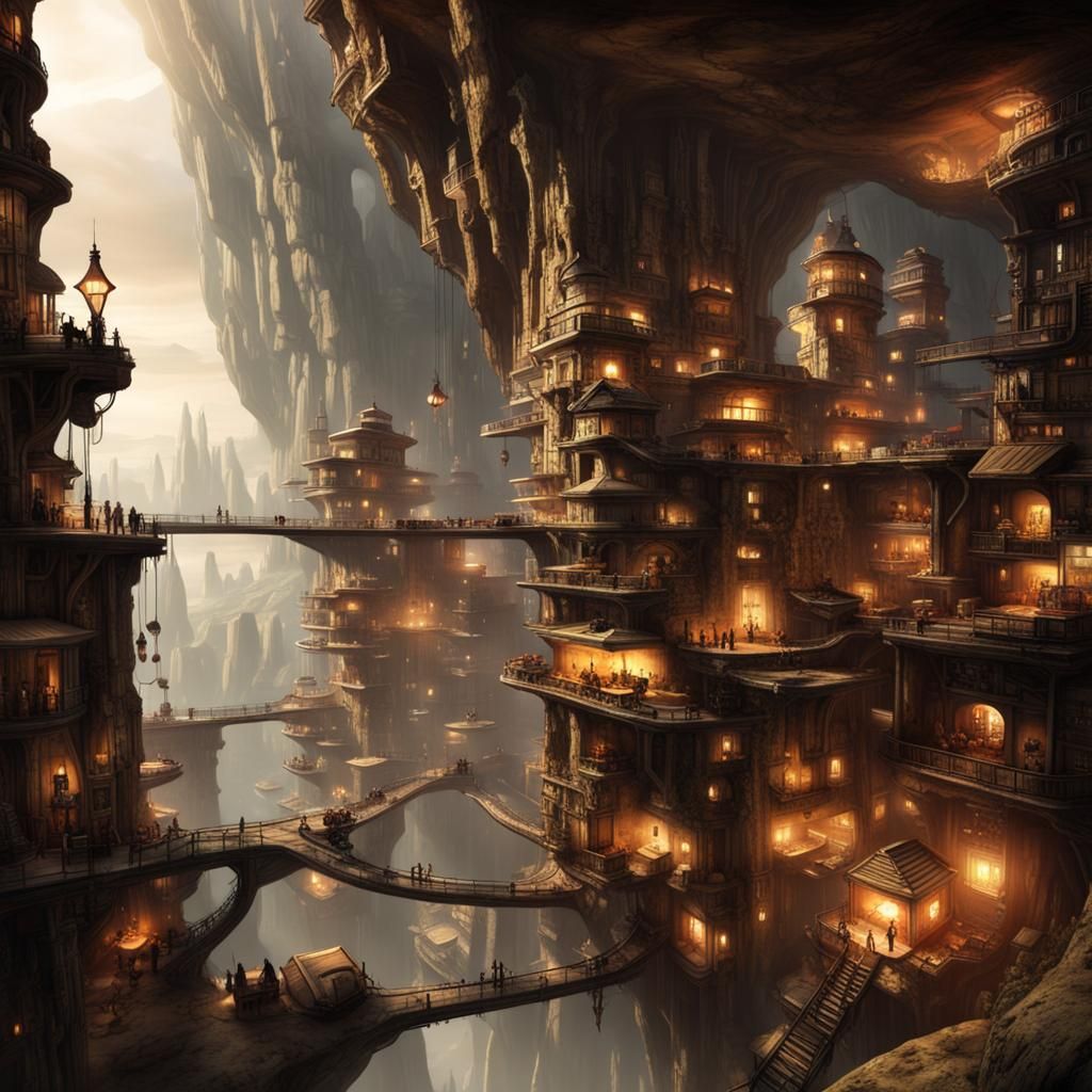 Underground Steampunk City Folding Inside Mountain
