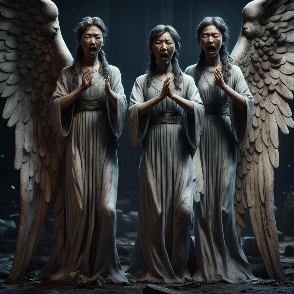 Screaming Asian Female Weeping Angels in Detailed Painting