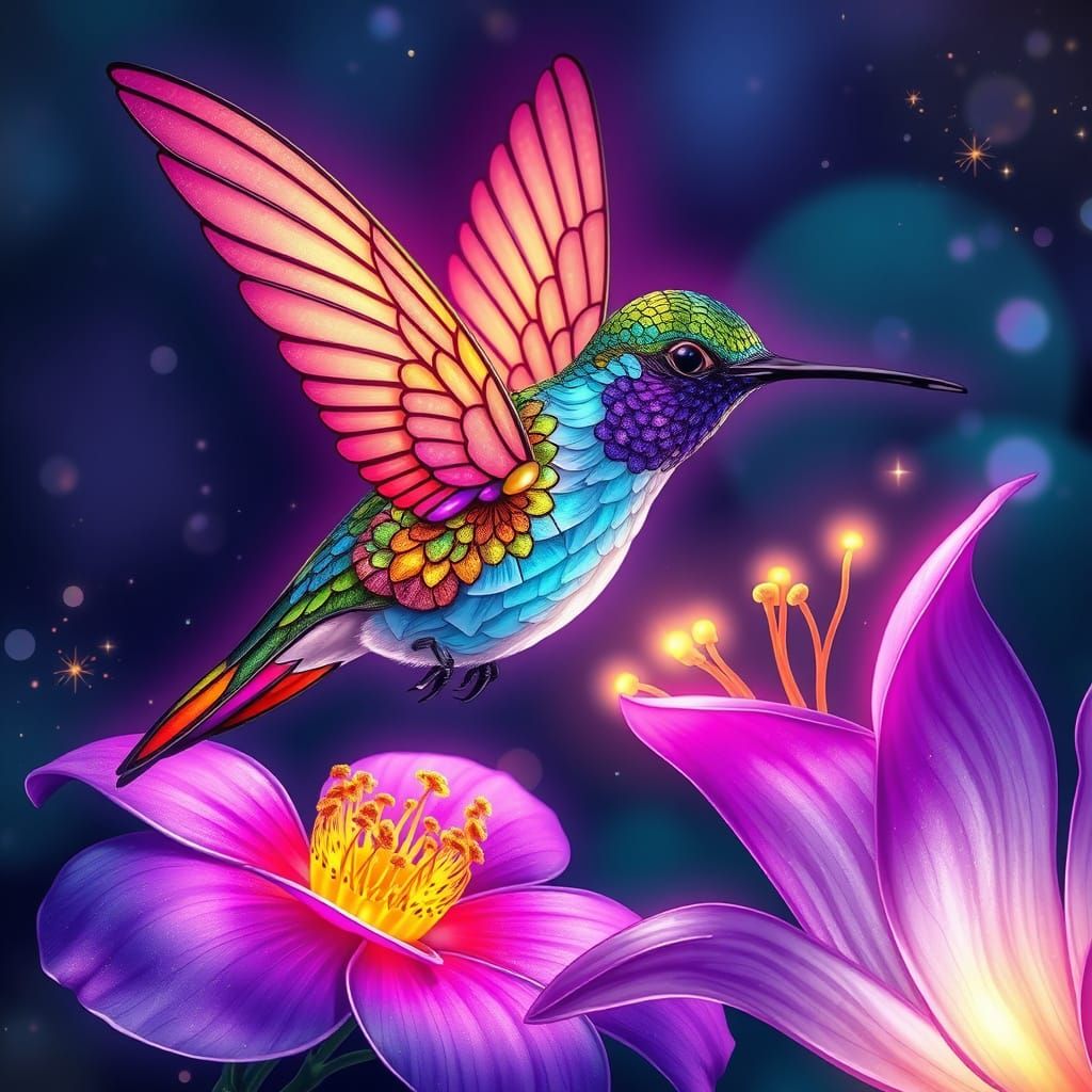 Bioluminescent Hummingbird with Stained Glass Wings