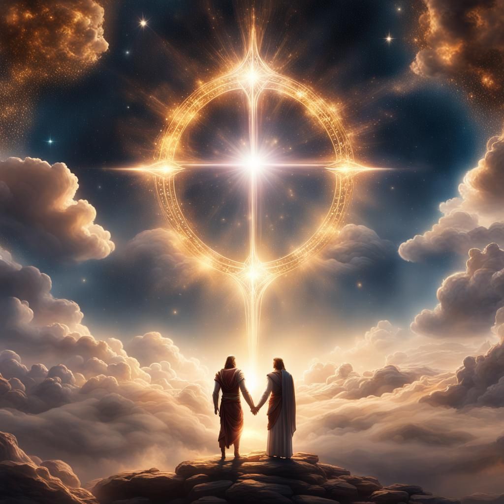 Celestial Beings Emanating Light Among Shimmering Stars