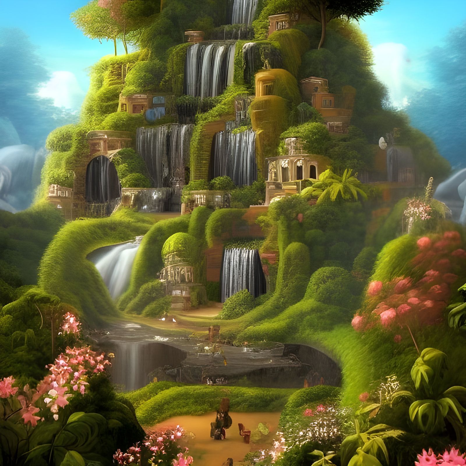 Lush Ruins: Waterfalls Flow in Overgrown City