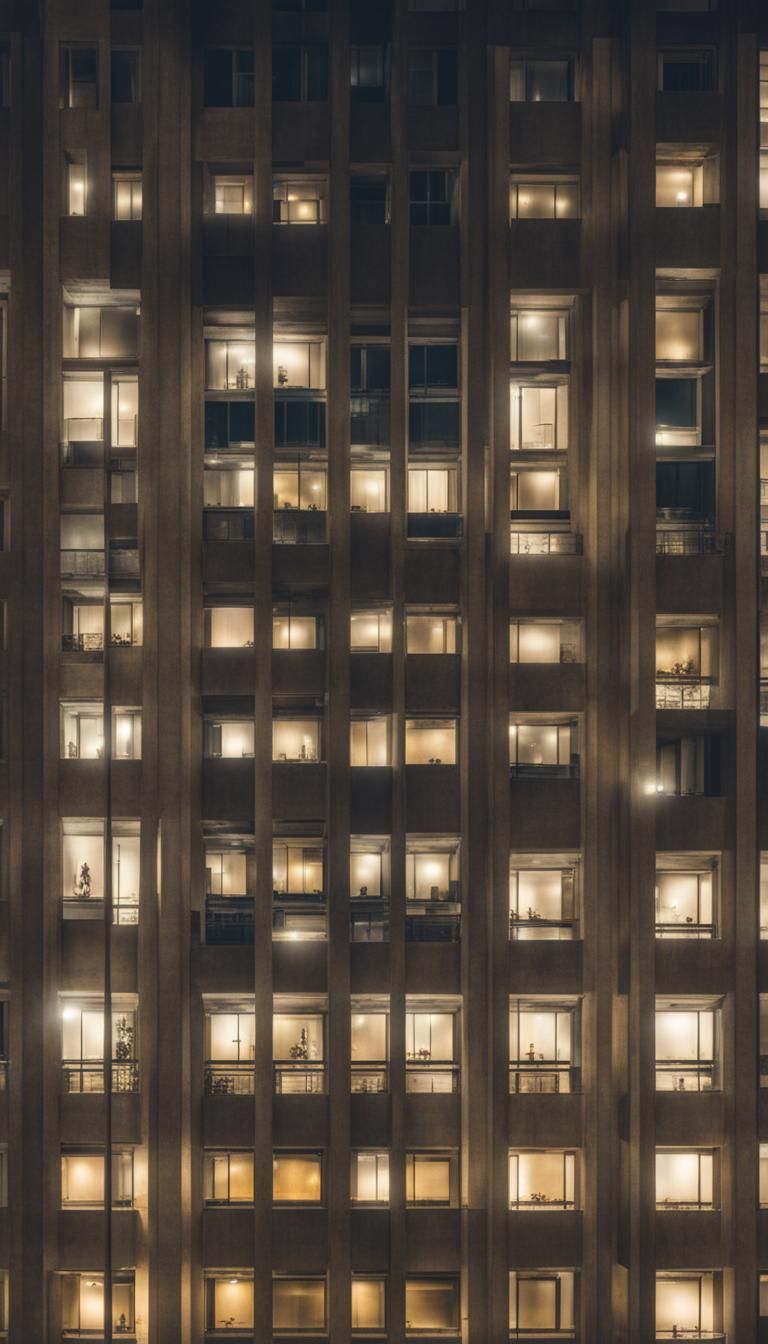 Neoclassical Skyscraper Amid Brutalist Architecture at Night