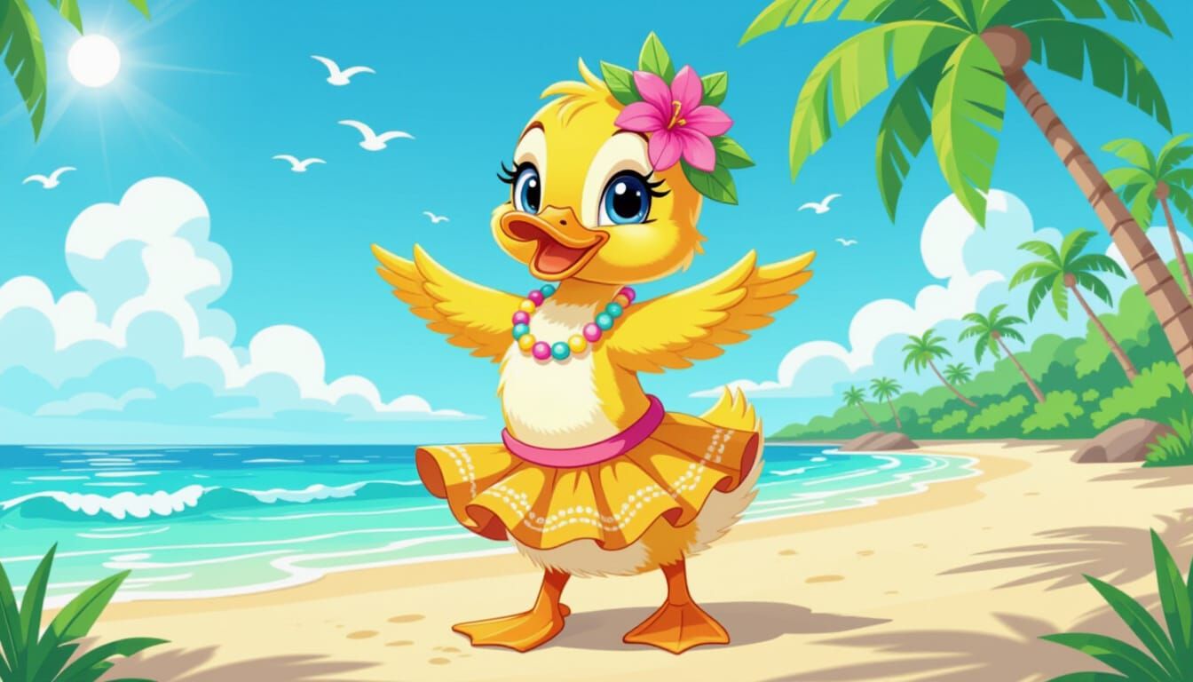Duckling Hula Dancing Cartoon on the Beach