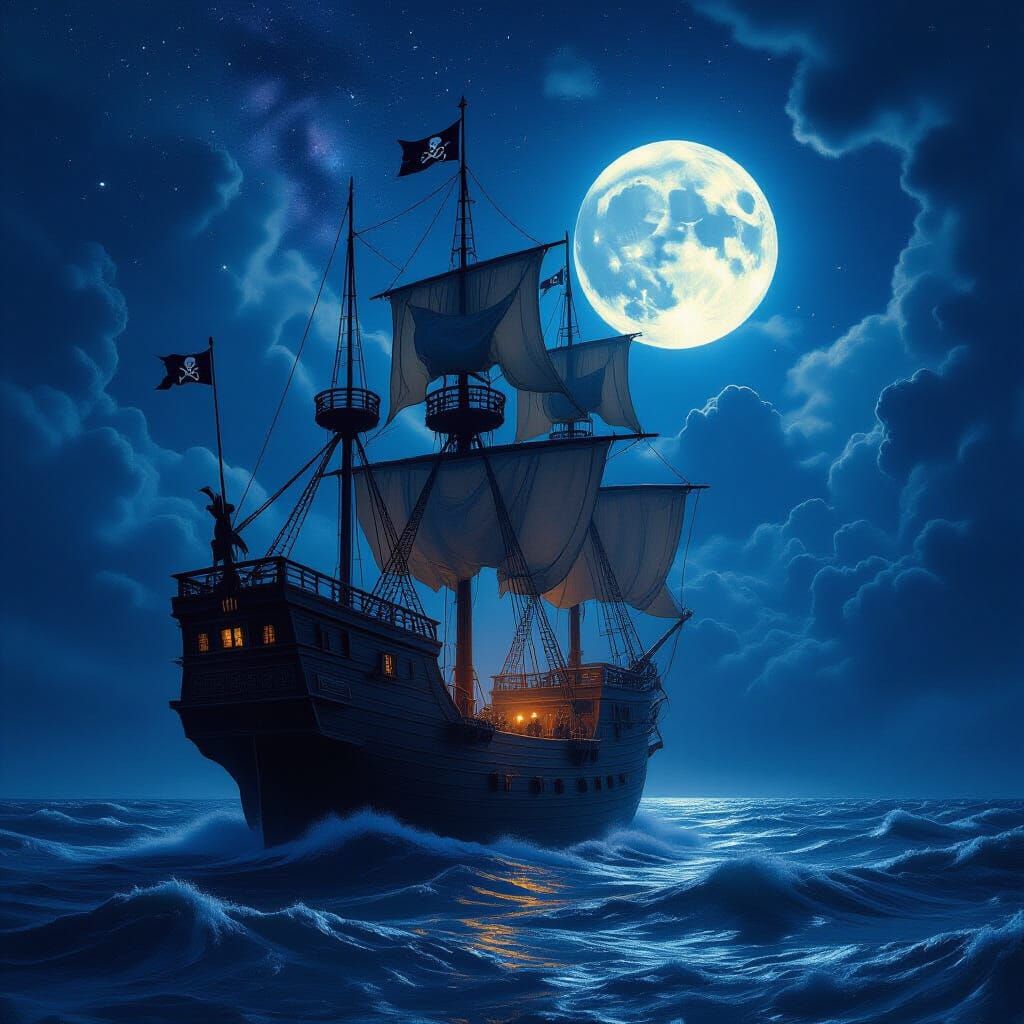 Pirate Ship Soars Through Starry Night Sky