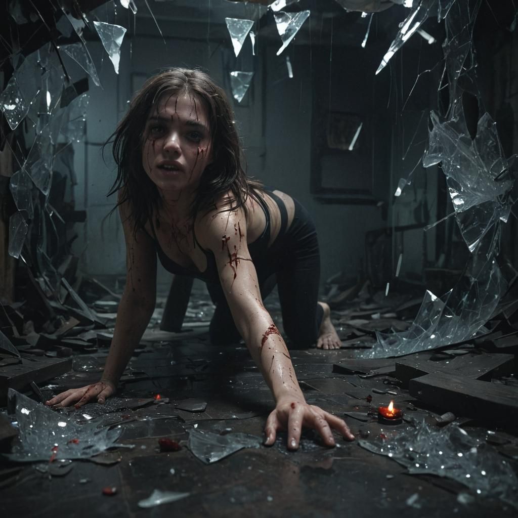 Eerie Woman Crawling Through Shattered Glass