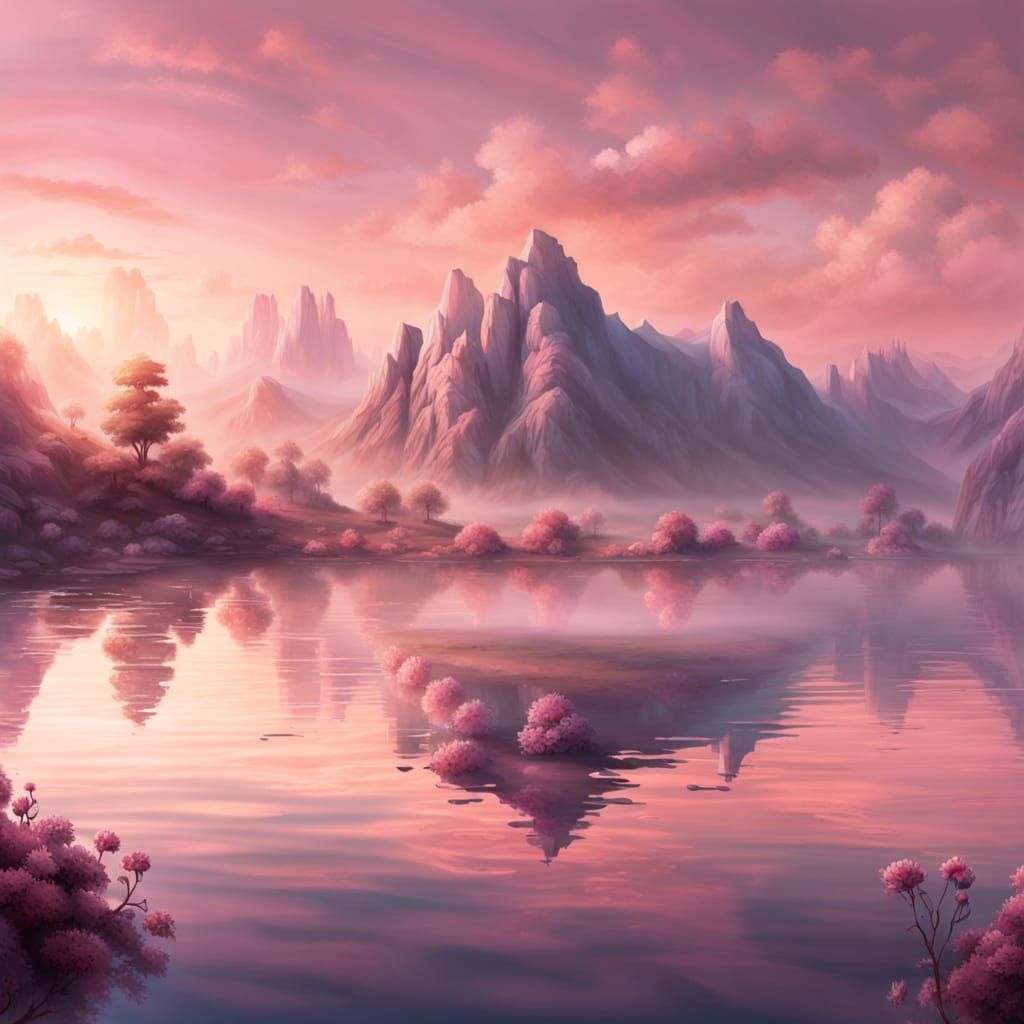 Luminous Rose Mountain Landscape in Golden Hour Light