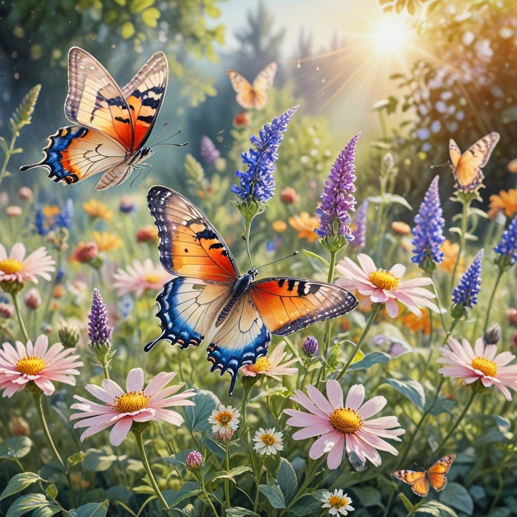 Delicate Butterflies Amidst Impressionist Summer Blooms