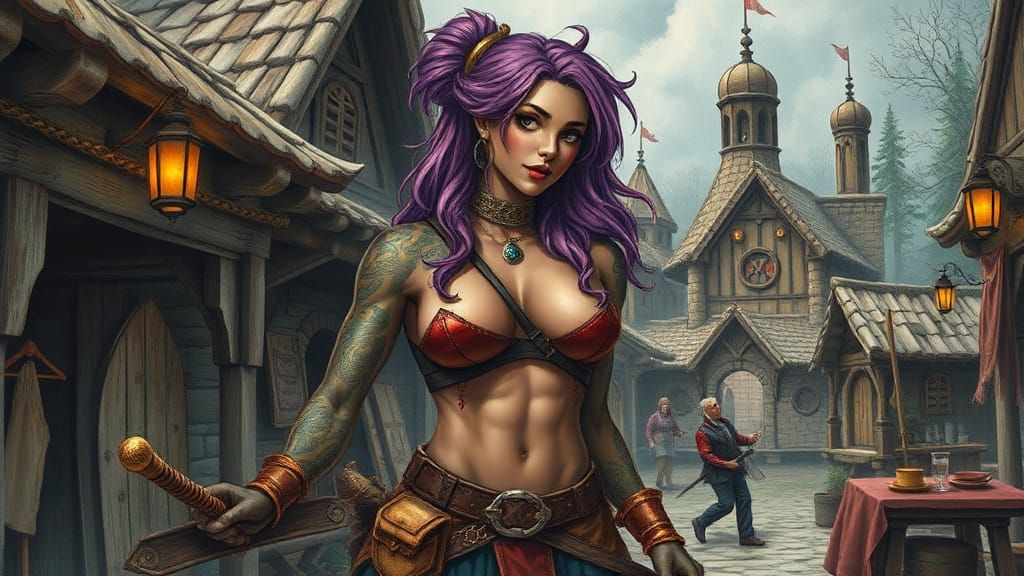 Fantasy Tattooed Bodybuilder in D&D Village