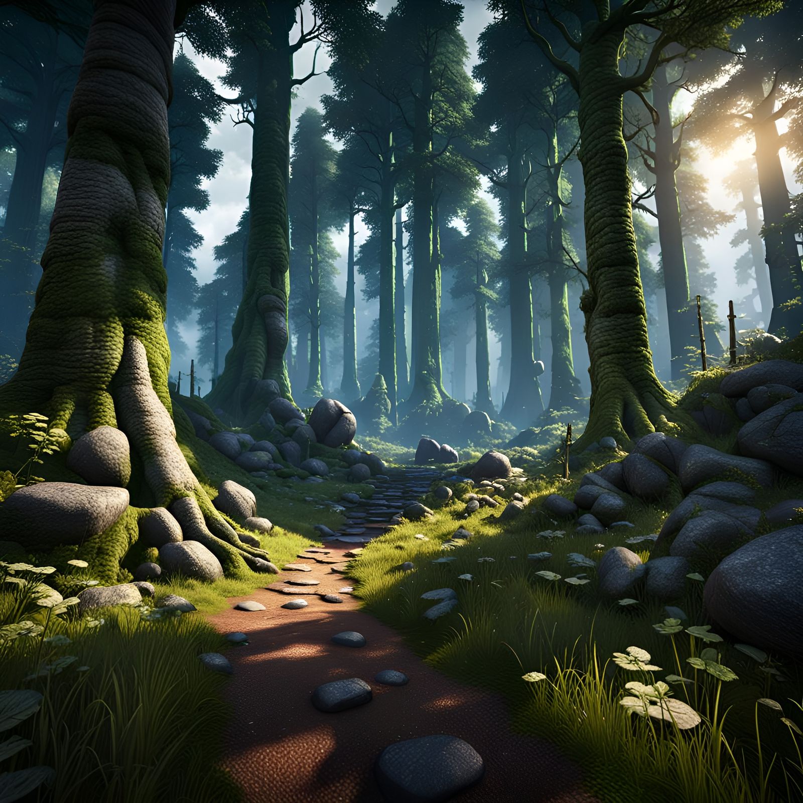 Ethereal Woman in Forest Gateway: 3D Cinematic Render