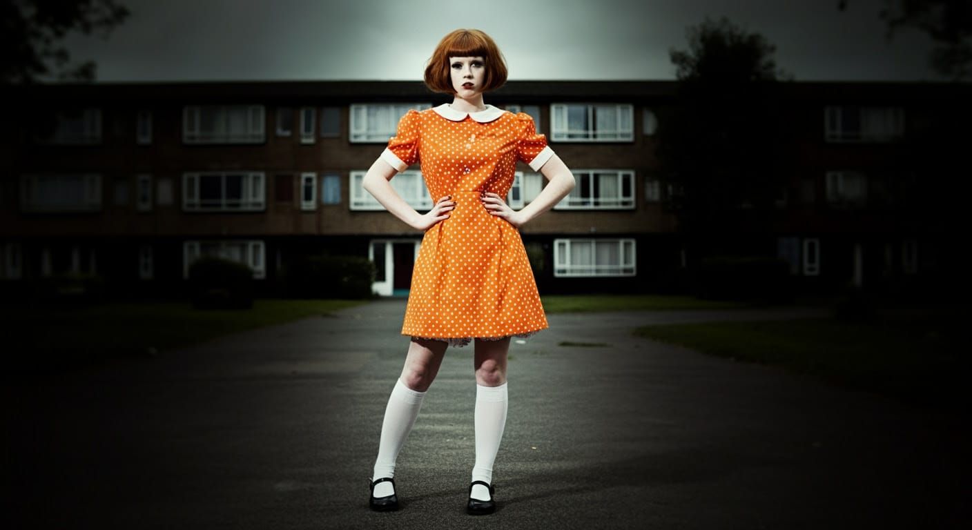 Elegant Ginger-Haired Woman Dominates 1970s Suburban Scene