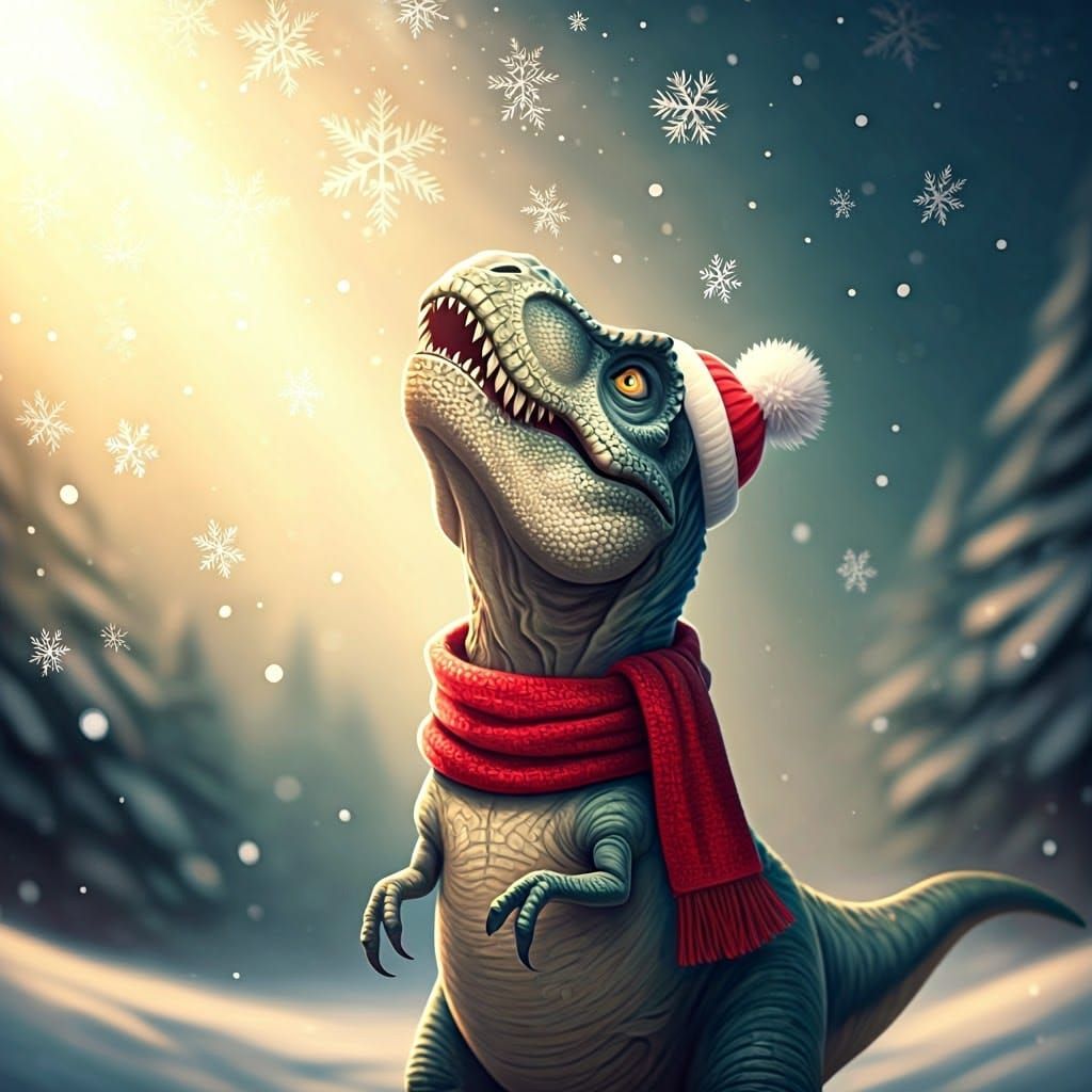 Adorable T-Rex Catches Snowflakes under Whimsical Winter Sky