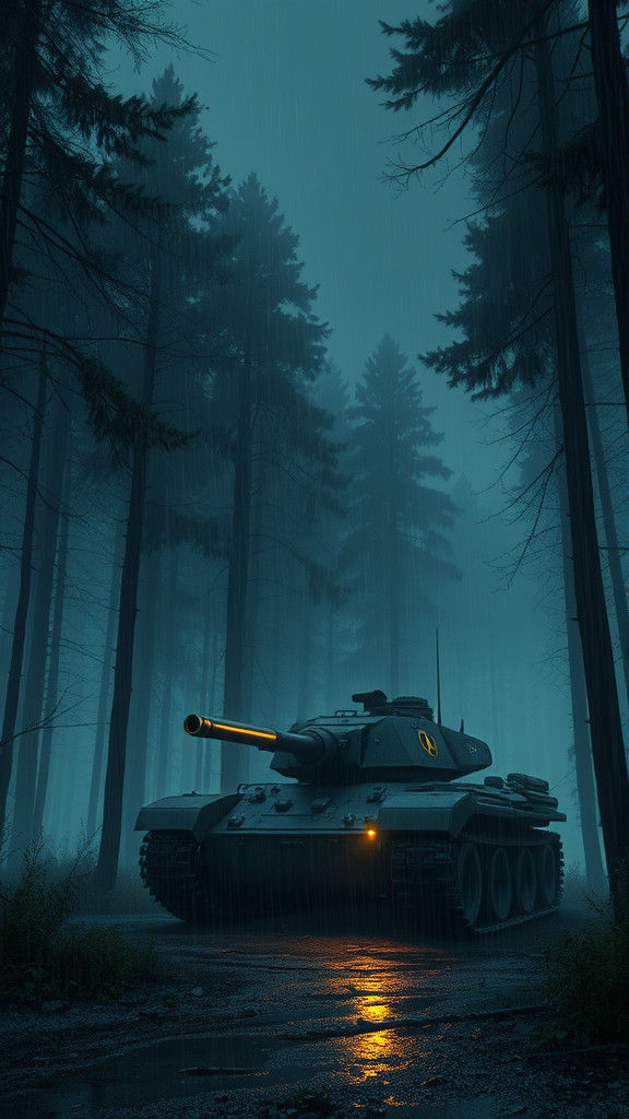 Mecha Gorilla-Tank in Rainy Forest: Dark Fantasy Concept