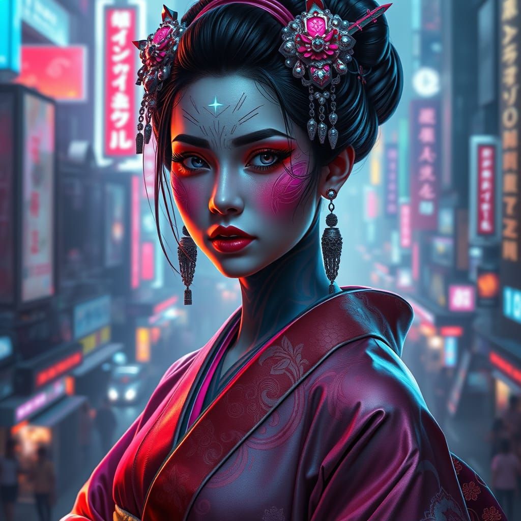 Cyberpunk Geisha Portrait in Neon Cityscape