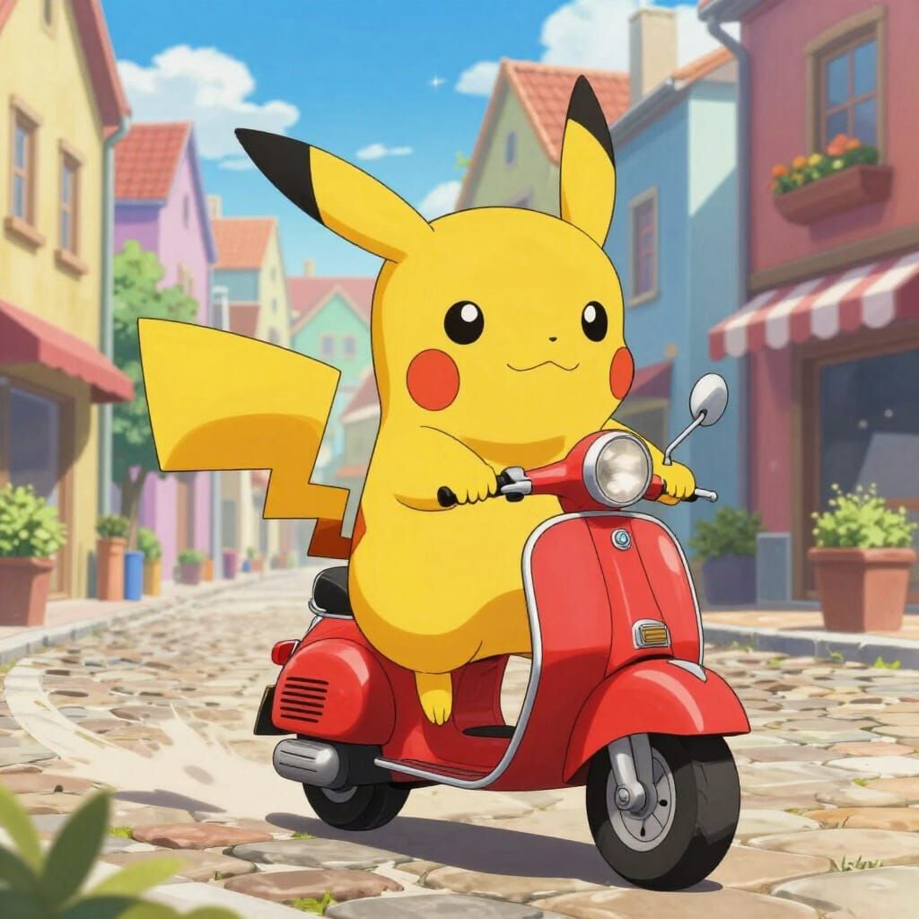 Pikachu Rides Vintage Scooter in European City
