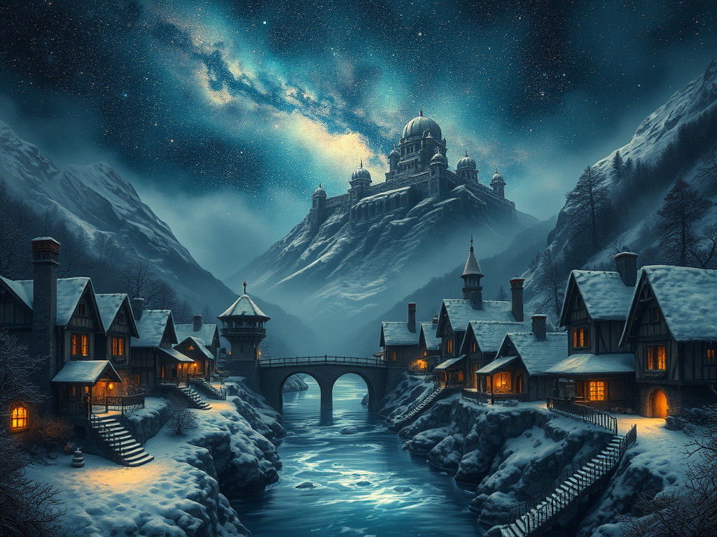 Mystical Winter Village Digital Painting in Manga Style
