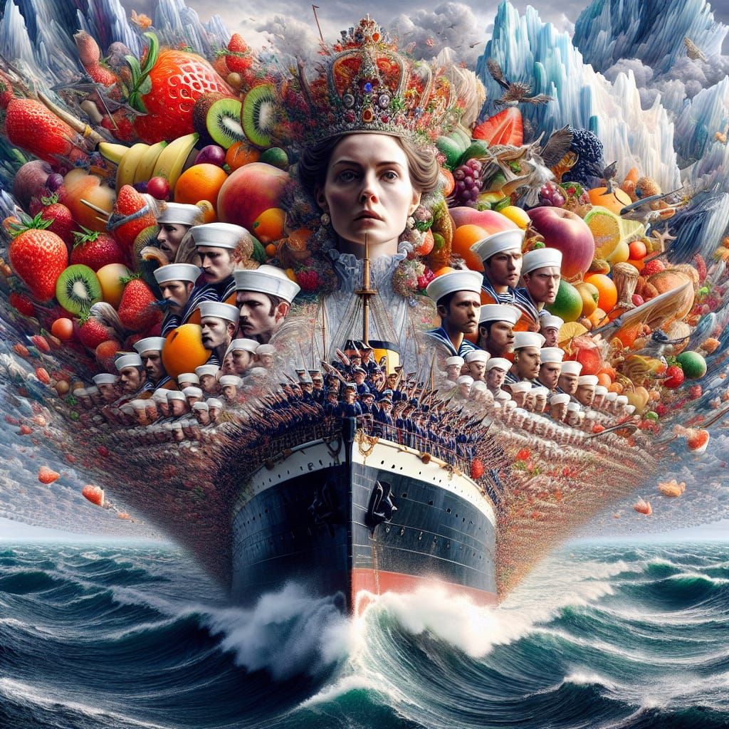 Vibrant Maximalist Double Exposure of Fruit-Themed Ship
