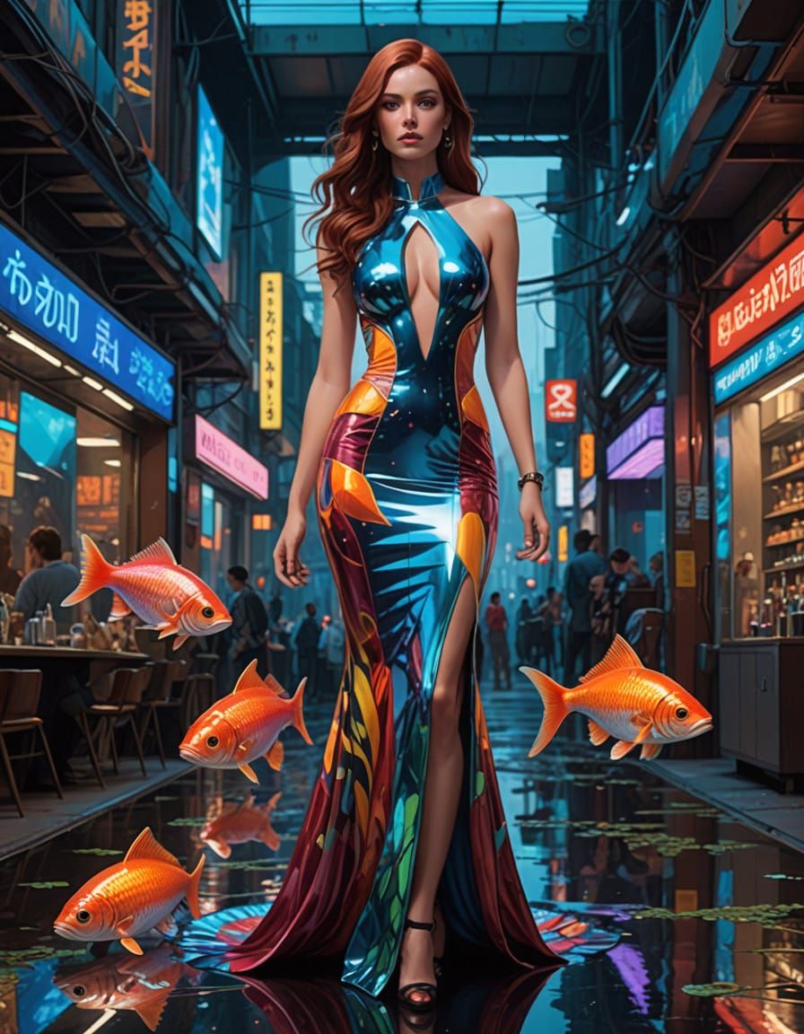 Glossy Latex Harem Dress in Multicolor Fish Print