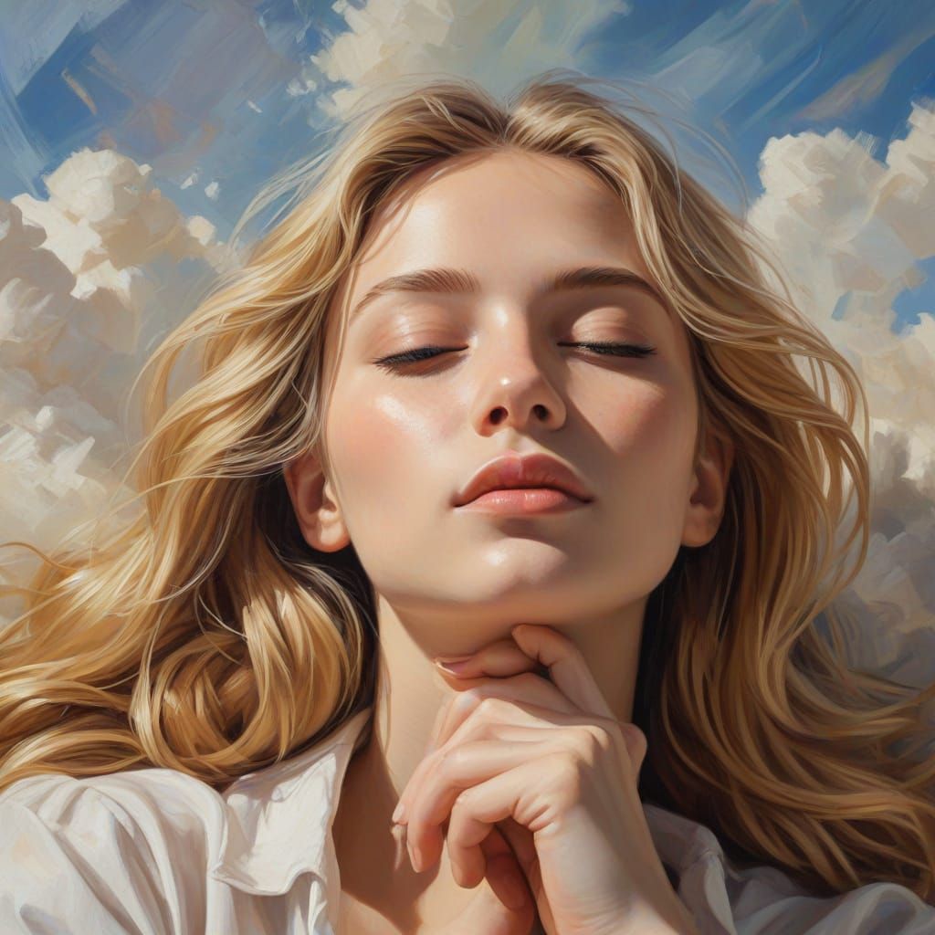 Girl on Cloud in Impressionist Oil Painting