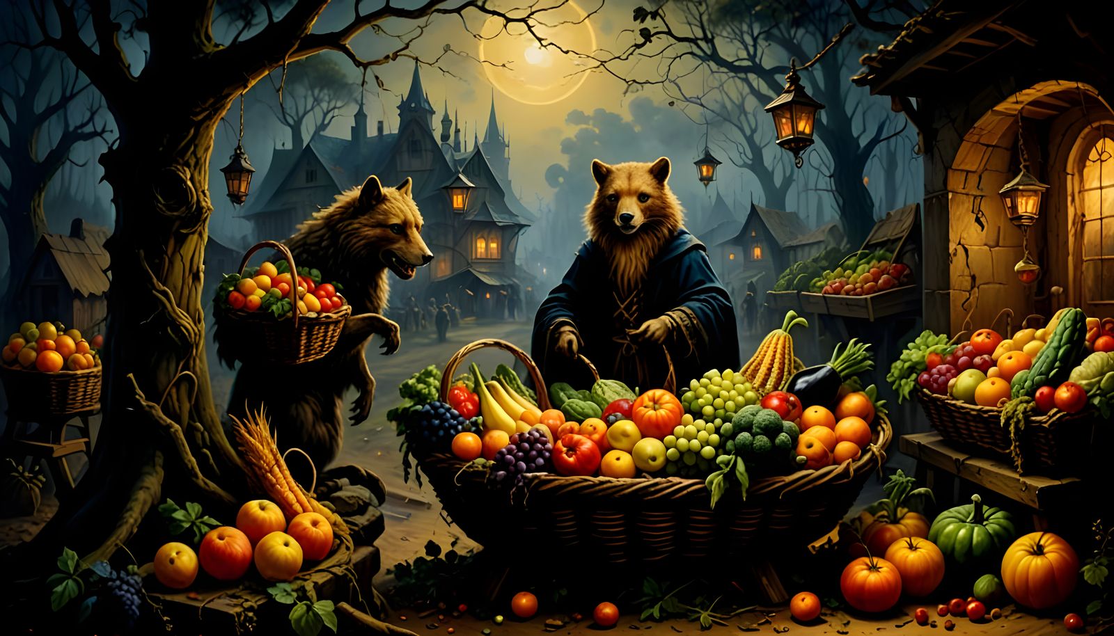 Fantasy Market Stall at Dusk in Oil Painting Style