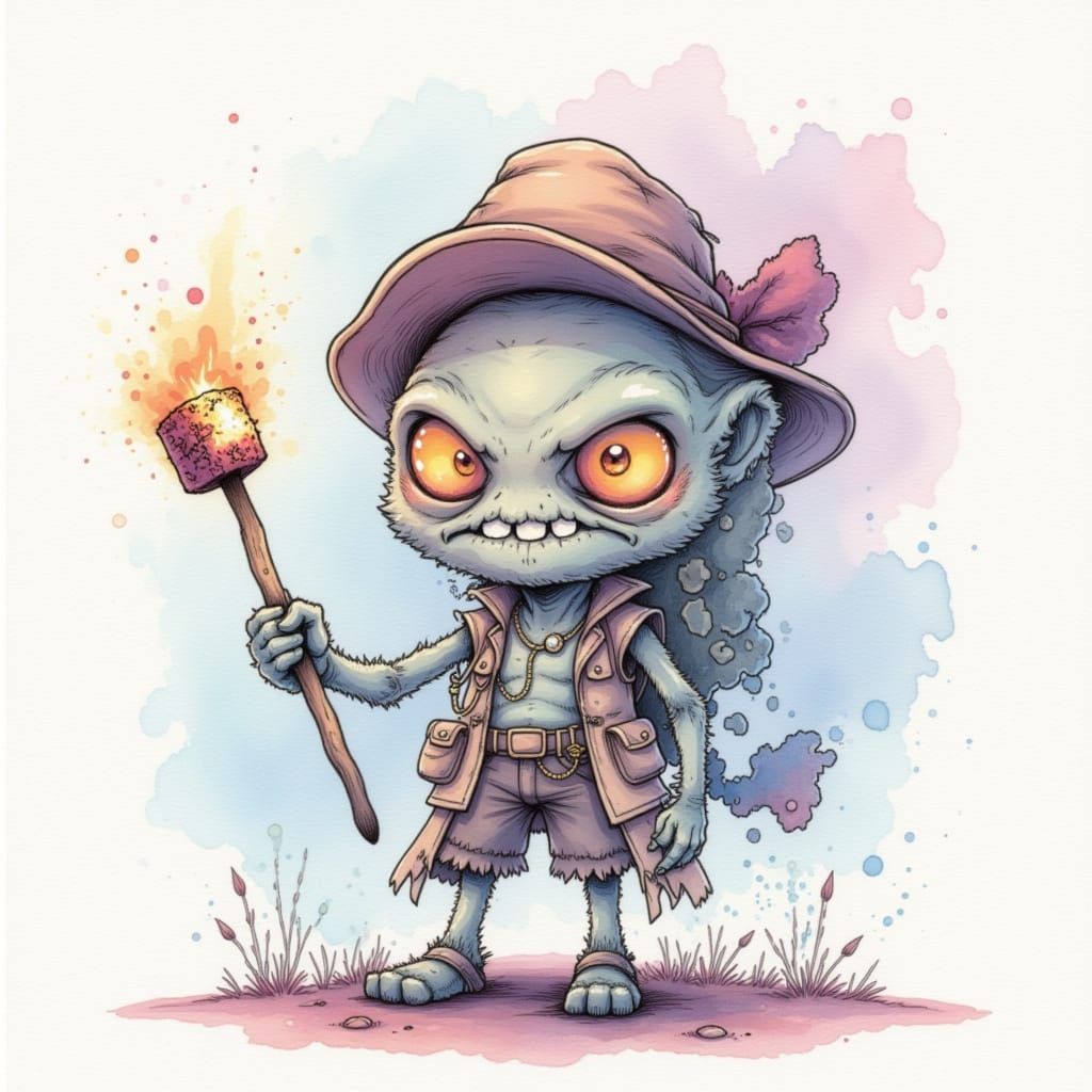 Zombie Camper with Marshmallow in Watercolor Style