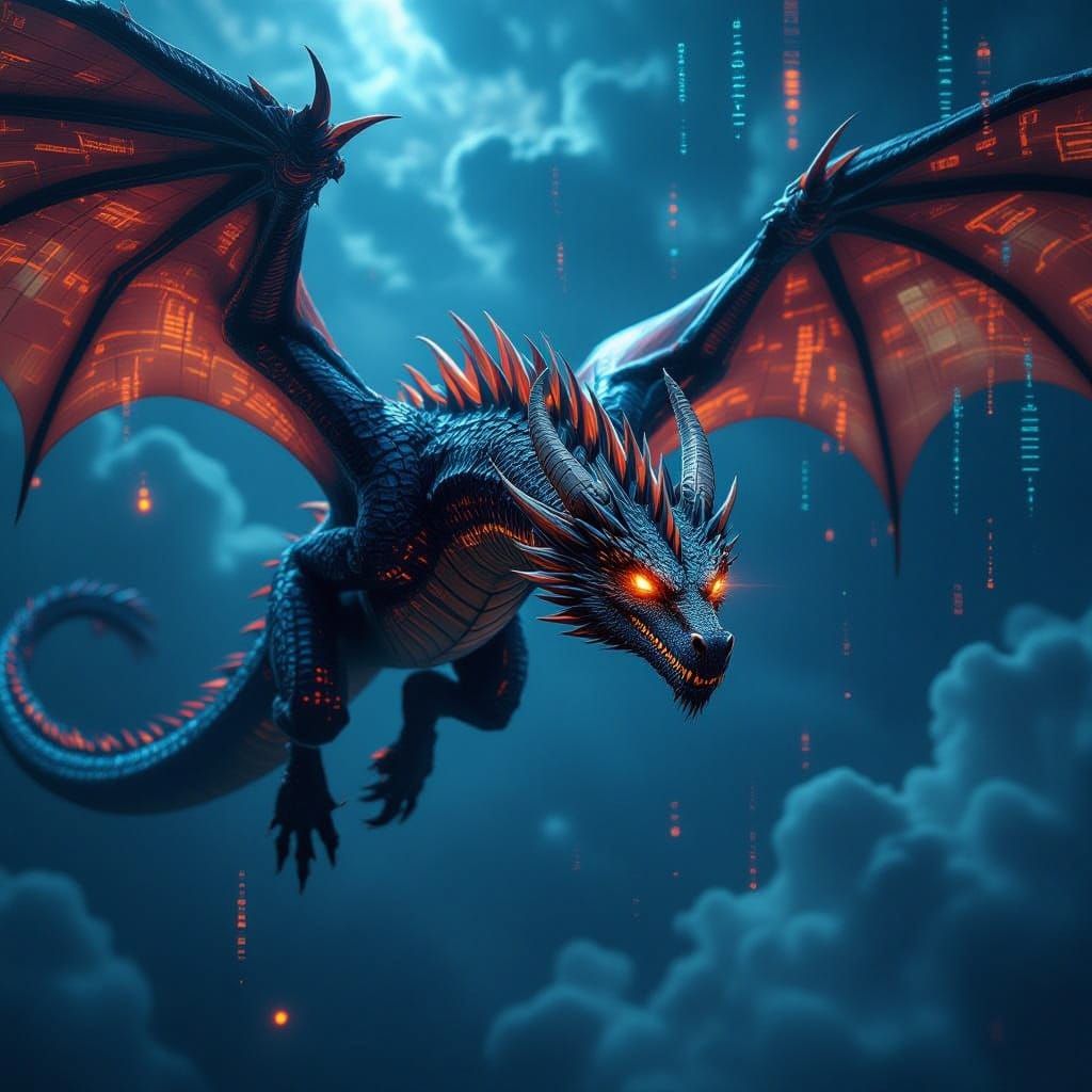 Cybernetic Dragon Soars Through Digital Sky