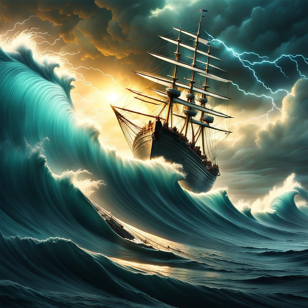 Majestic Flying Ship Sails Stormy Seas