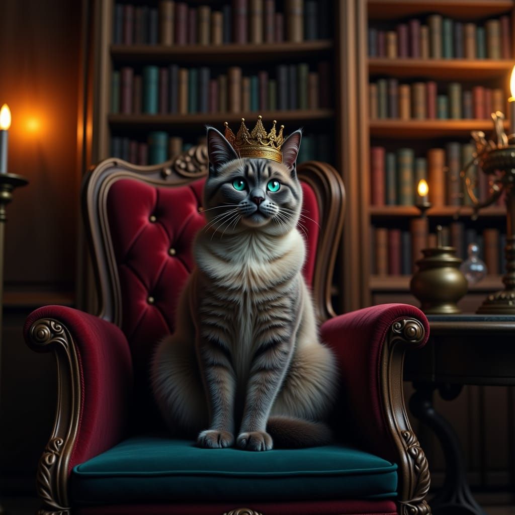 Regal Siamese Cat on Throne in Opulent Library