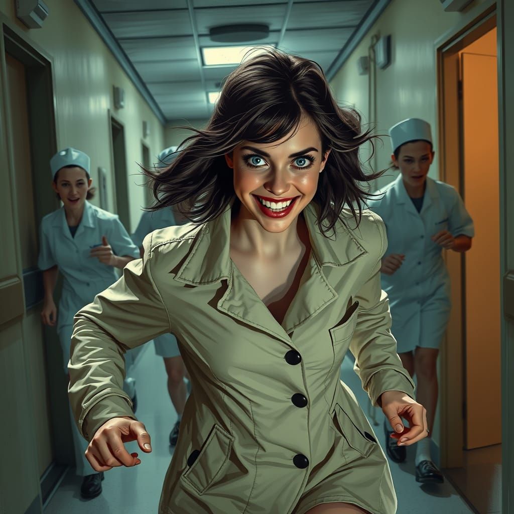 Young Woman in Psychedelic Straightjacket Sprints Down Hospi...