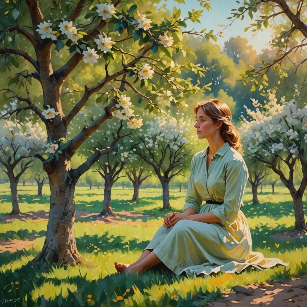 Impressionist Orchard Scene with Woman in Golden Light