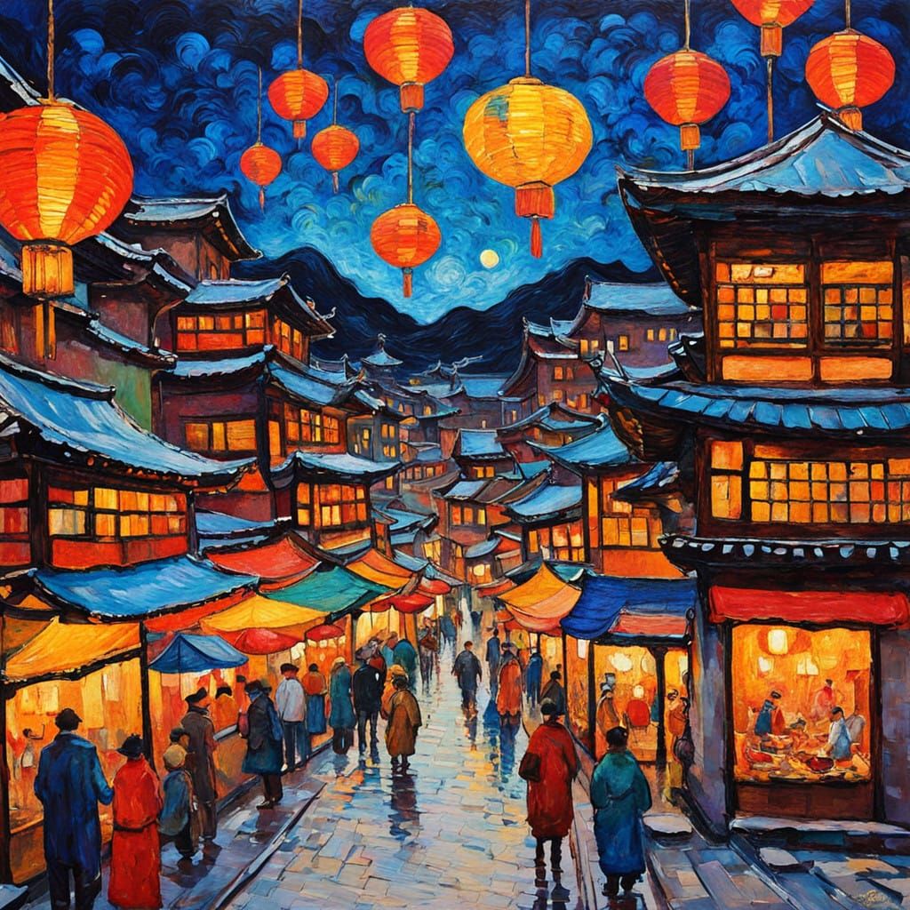 Vibrant Japanese Cityscape in Neo-Expressionist Style