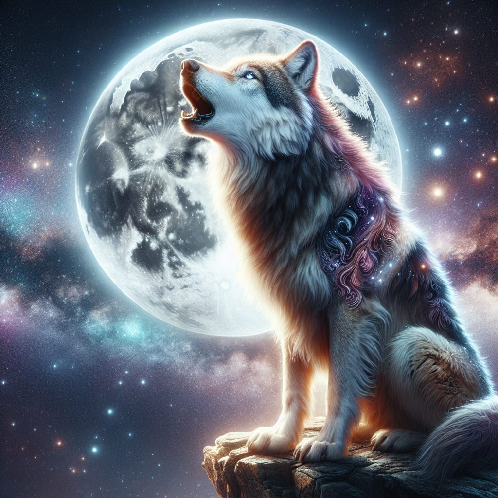 Majestic Wolf on Cliff, Bathed in Full Moon's Silvery Glow