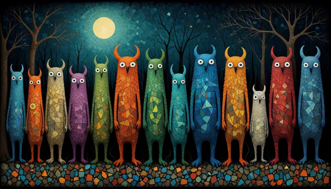 Surreal Monster Parade in Vibrant Mosaic