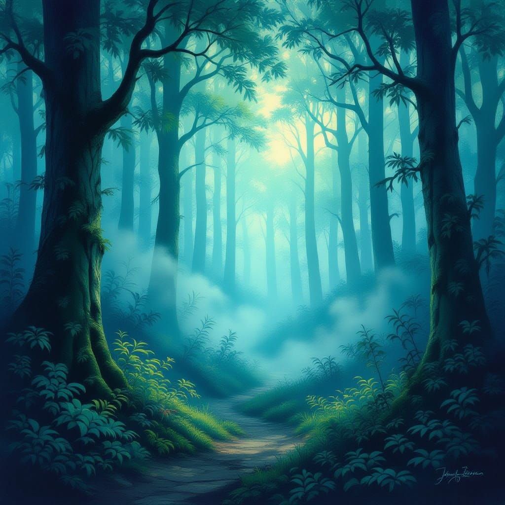 Enchanted Forest Fog Glowing with Ethereal Light