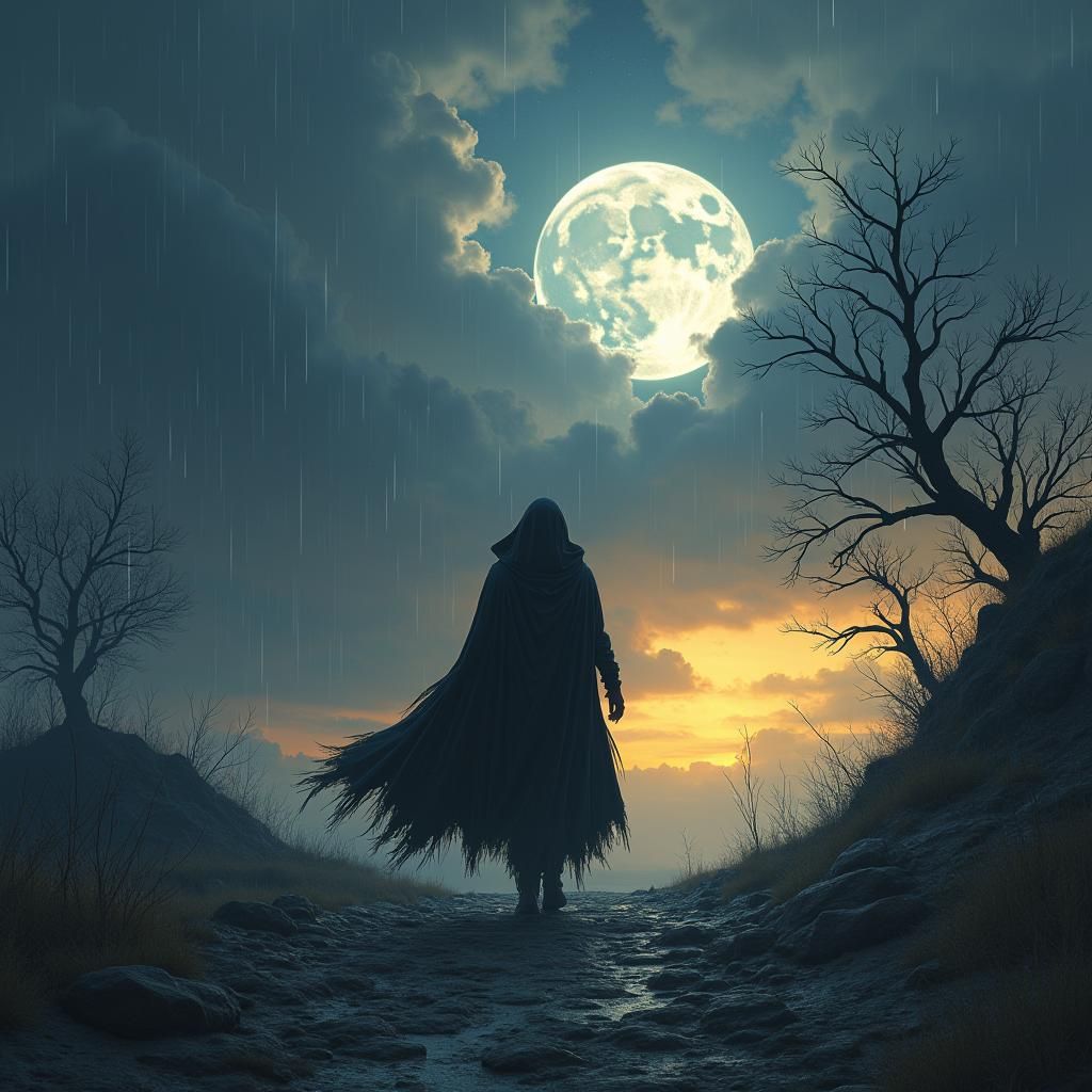 Dark Fantasy Figure Walks Towards Breaking Dawn