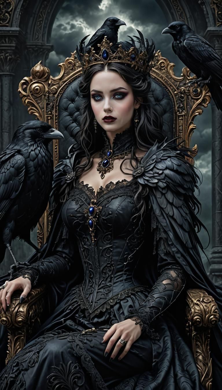 Gothic Raven Queen on Throne in Victorian Style