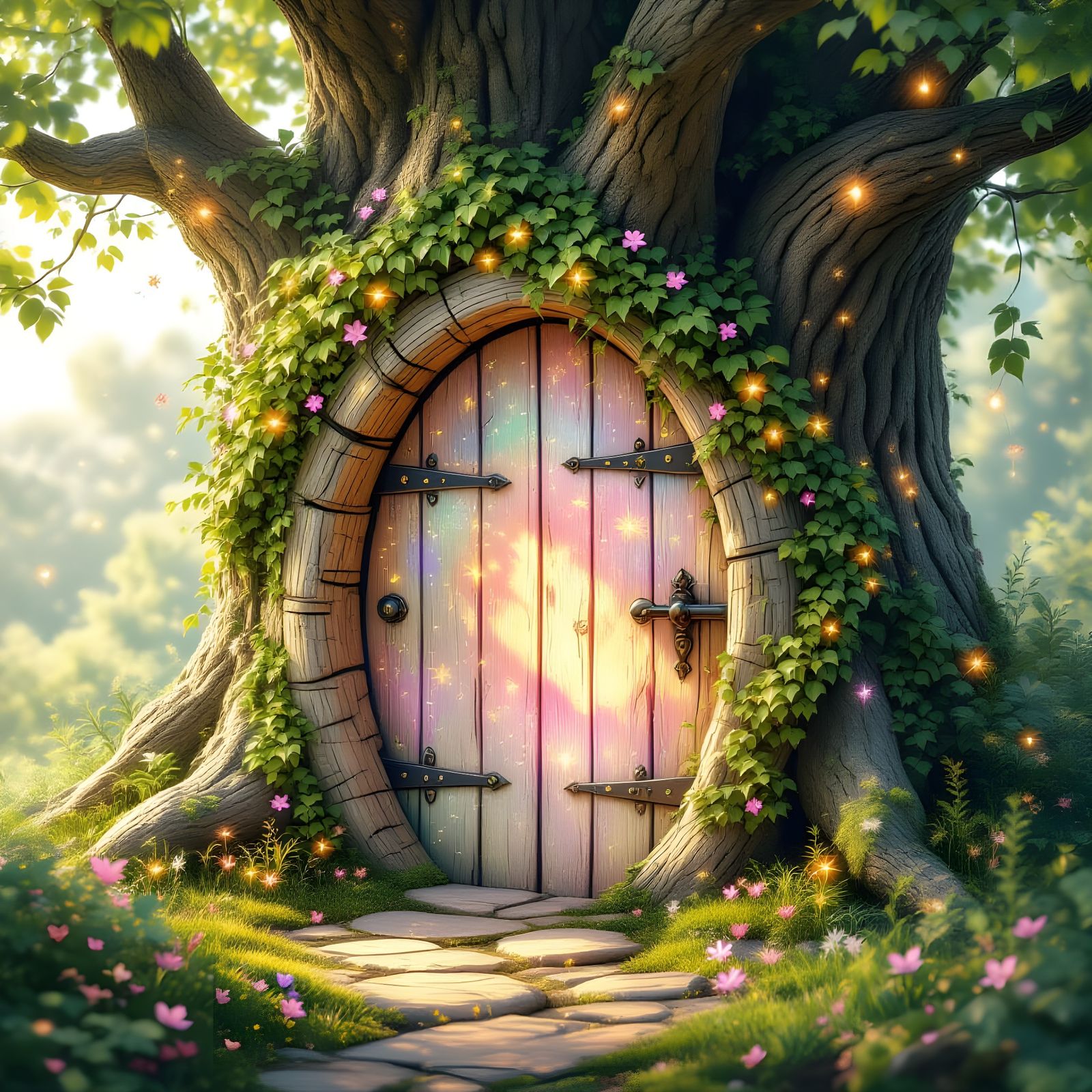 Secret Tree Door: Enchanted Wood with Glowing Flowers